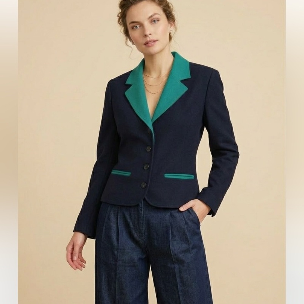 Vintage 90s Pendleton Wool Blazer Navy Teal Trim Contrast Lapel Academia Sz M